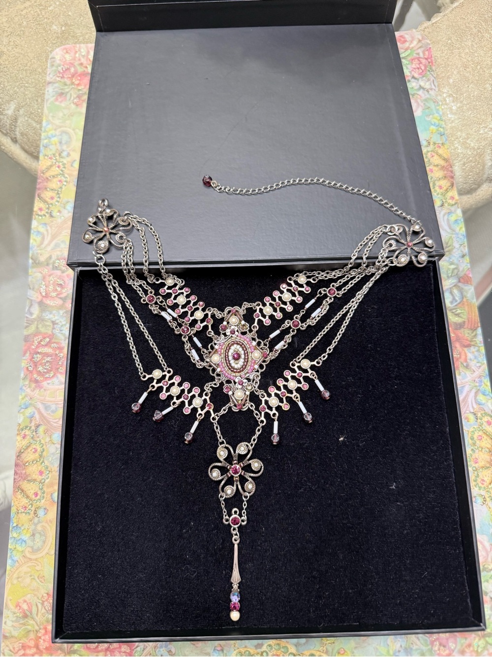 Silver and Pink Vintage-Style Floral Statement Necklace